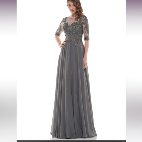 Marsoni Dresses & Skirts - Marsoni Illusion Sleeve Embellished Bodice Dress Charcoal Women's Size 10 NWT